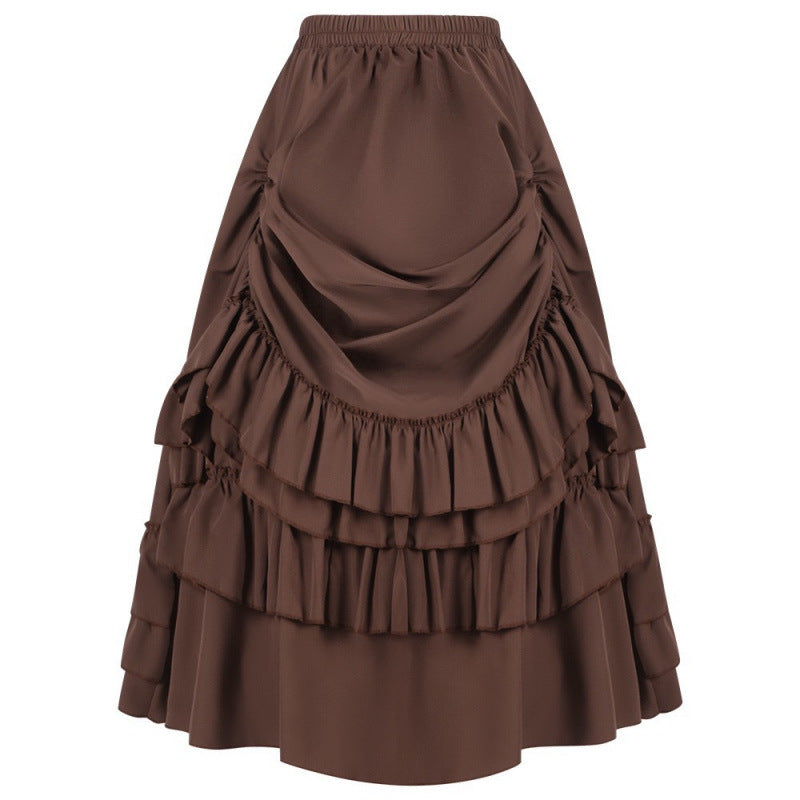 Gothic Ruched Tiered Ruffle Midi Skirt - Coffee