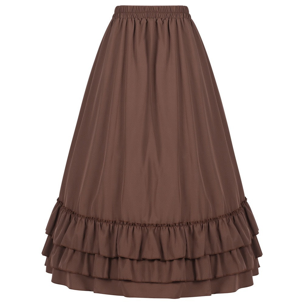 Gothic Ruched Tiered Ruffle Midi Skirt - Coffee - 1