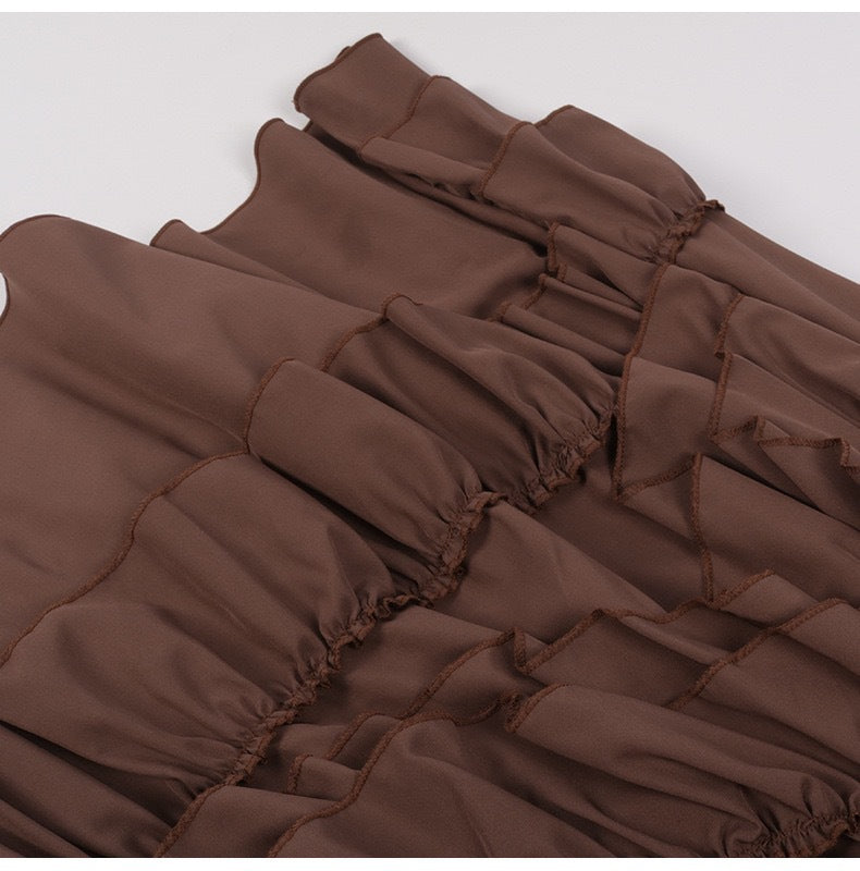 Gothic Ruched Tiered Ruffle Midi Skirt - Coffee - 2