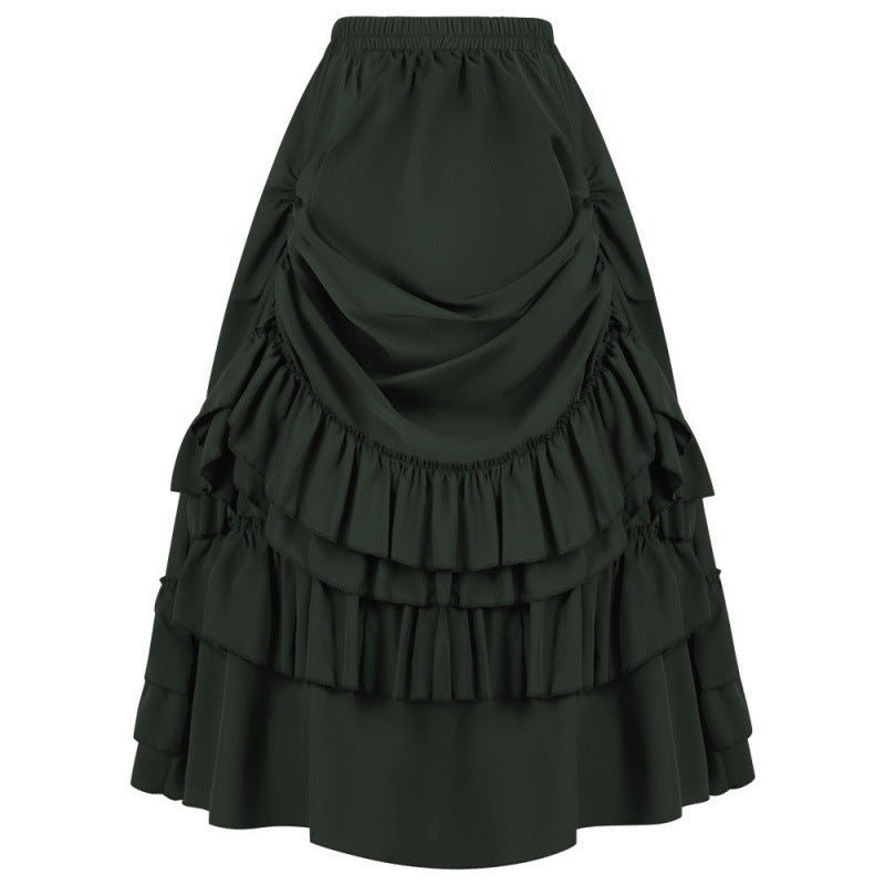 Gothic Ruched Tiered Ruffle Midi Skirt - Green