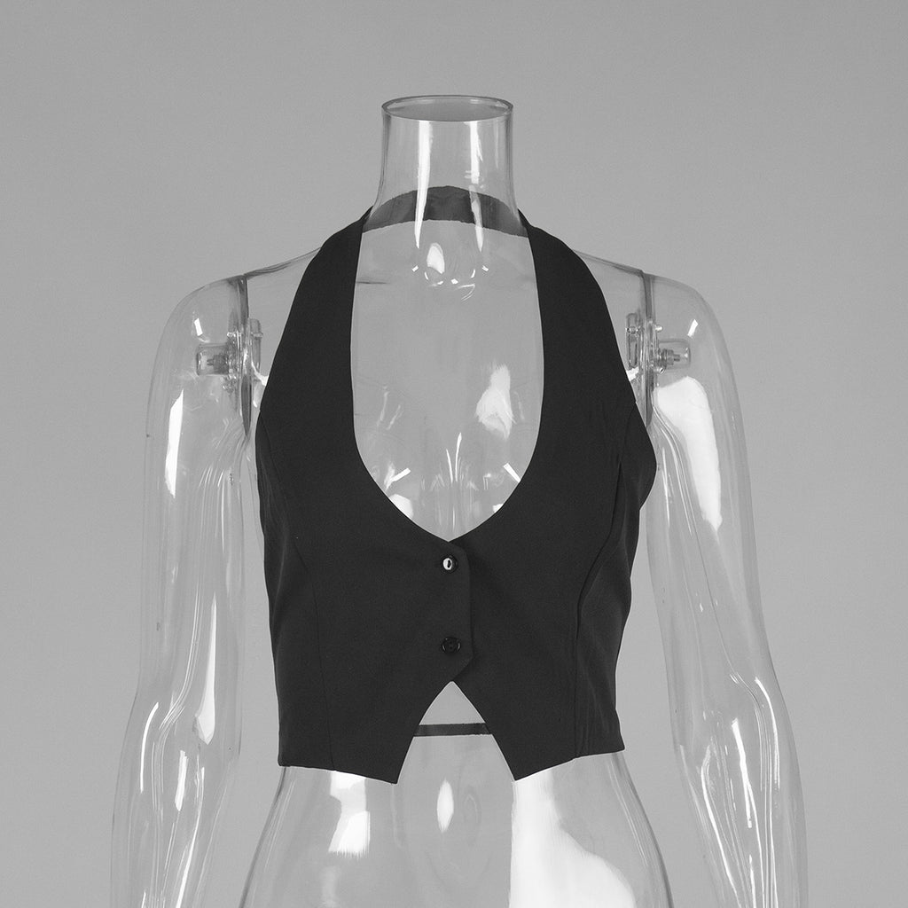 Plunging Halter Neck Cropped Tank Top - Black