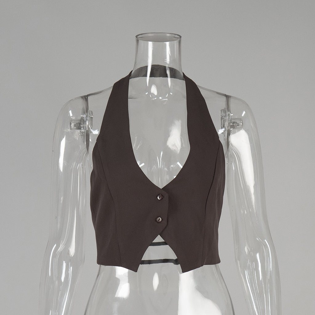 Plunging Halter Neck Cropped Tank Top - Coffee