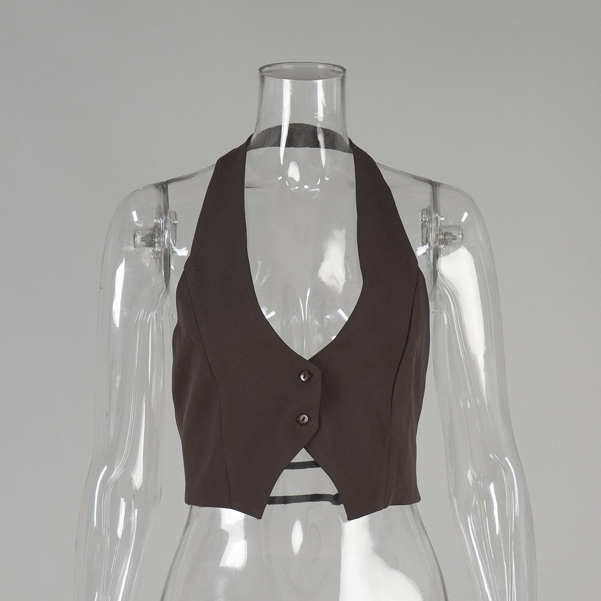 Plunging Halter Neck Cropped Tank Top - Coffee