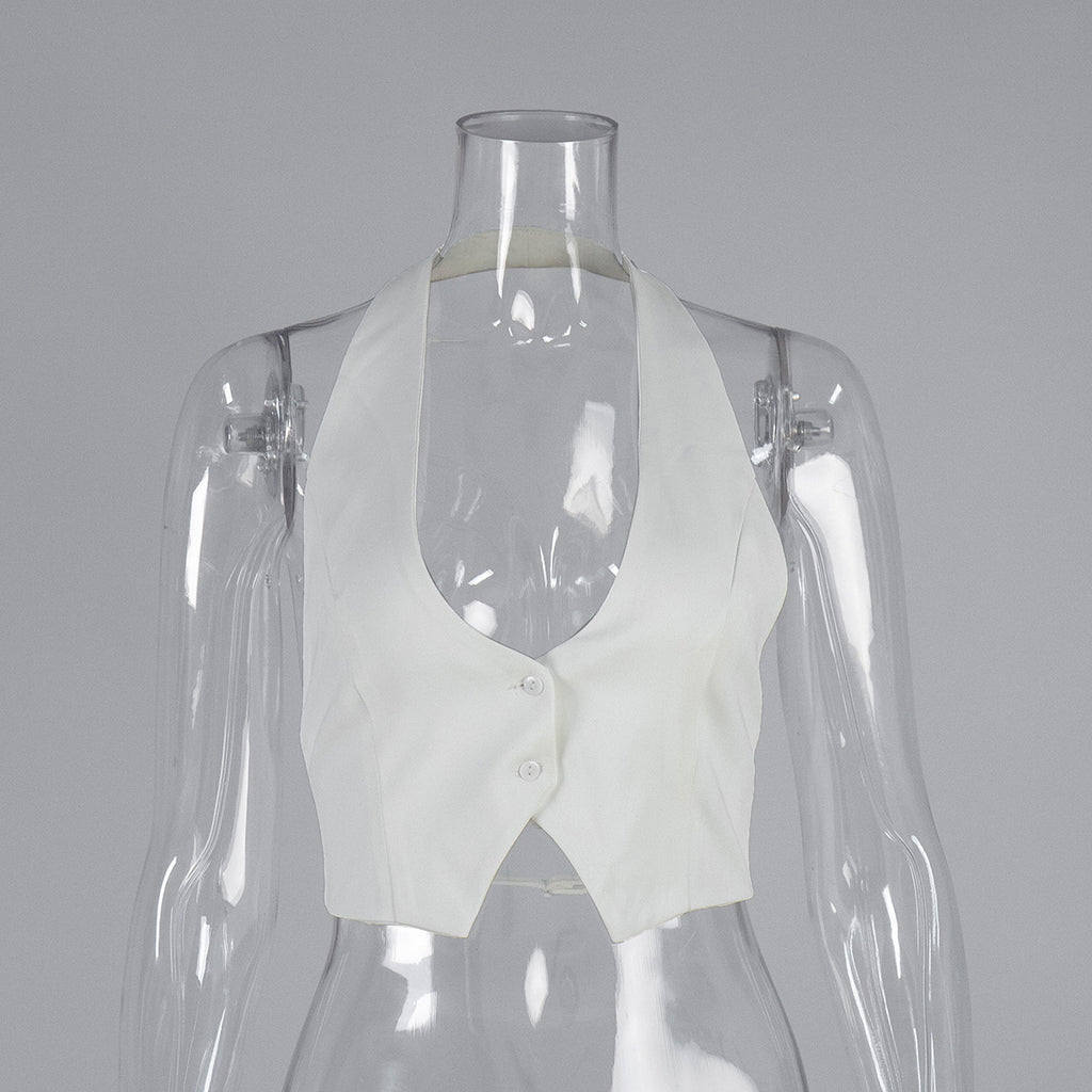 Plunging Halter Neck Cropped Tank Top - White