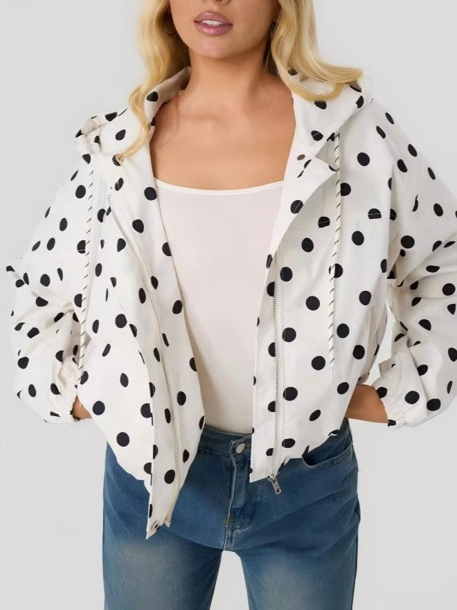 Dotted Cropped Zip Jacket With Drawstring Hood - White