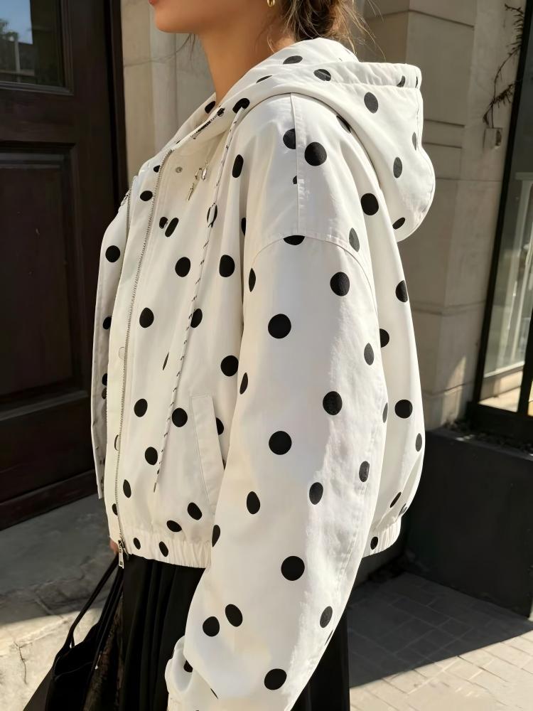 Dotted Cropped Zip Jacket With Drawstring Hood - White - 2