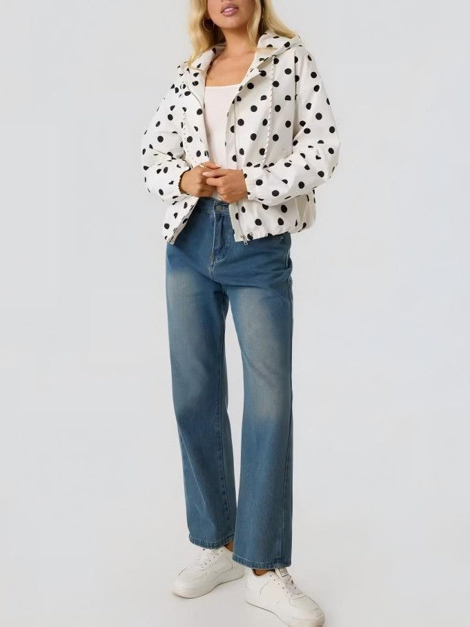 Dotted Cropped Zip Jacket With Drawstring Hood - White - 3