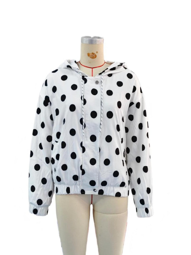 Dotted Cropped Zip Jacket With Drawstring Hood - White - 4