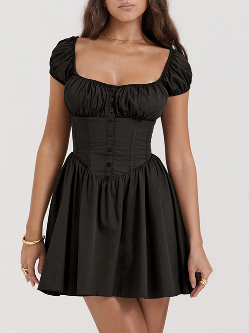 Corset Waist Puff Sleeve Mini Dress - Black - 1