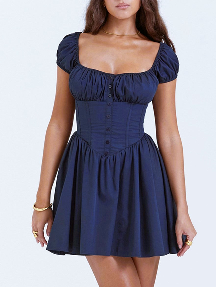 Corset Waist Puff Sleeve Mini Dress - Darkblue