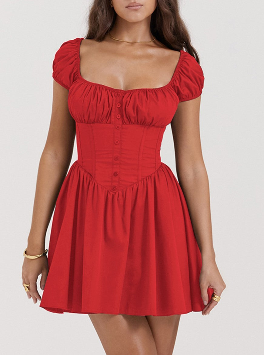 Corset Waist Puff Sleeve Mini Dress - Red - 2