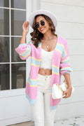 Striped Oversized Longline Open Cardigan - Pink