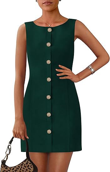 Sleeveless Button Front Mini Shift Dress - Green