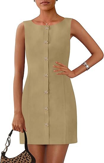 Sleeveless Button Front Mini Shift Dress - Khaki