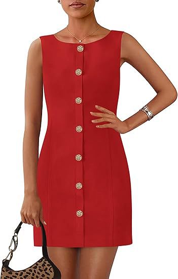 Sleeveless Button Front Mini Shift Dress - Red