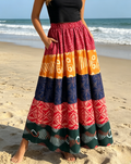 Boho Border Print Maxi Skirt With Pockets - Colorful