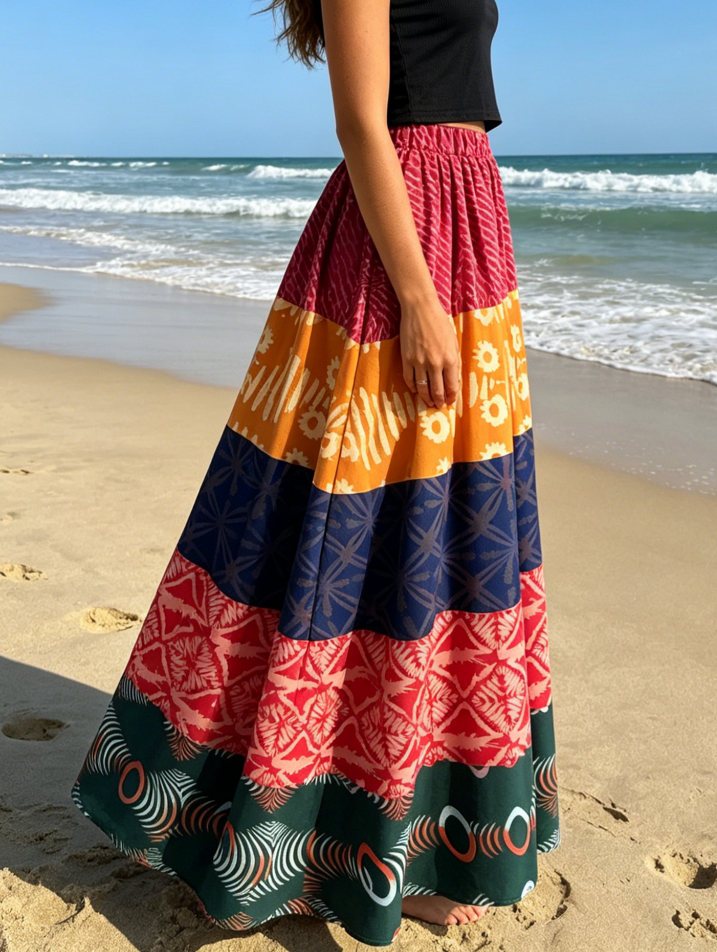 Boho Border Print Maxi Skirt With Pockets - Colorful - 3