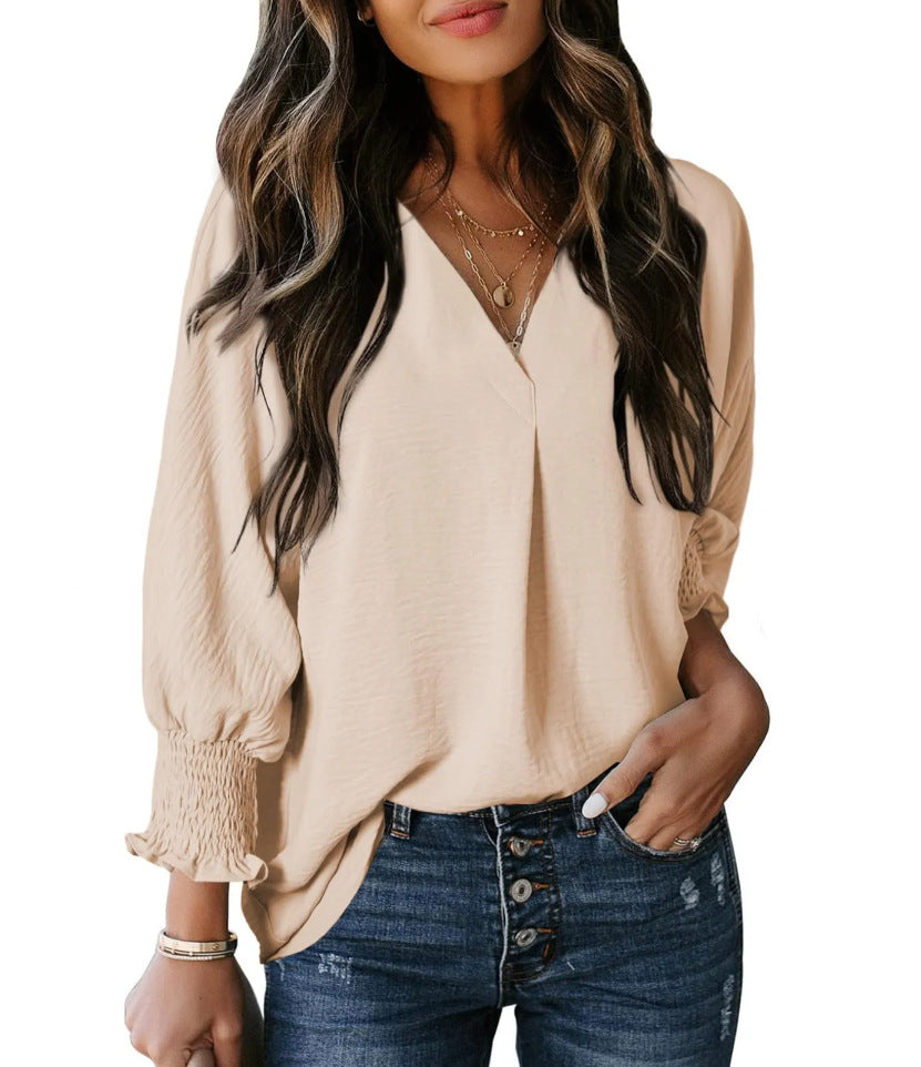 Split V Neck Smocked Cuff Shirt - Apricot
