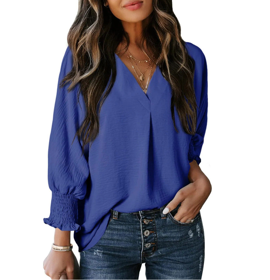 Split V Neck Smocked Cuff Shirt - Blue