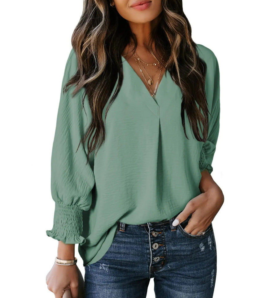 Split V Neck Smocked Cuff Shirt - Green