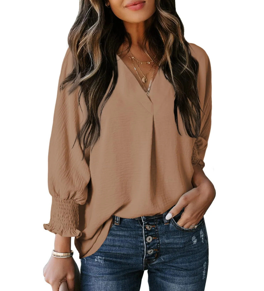 Split V Neck Smocked Cuff Shirt - Khaki
