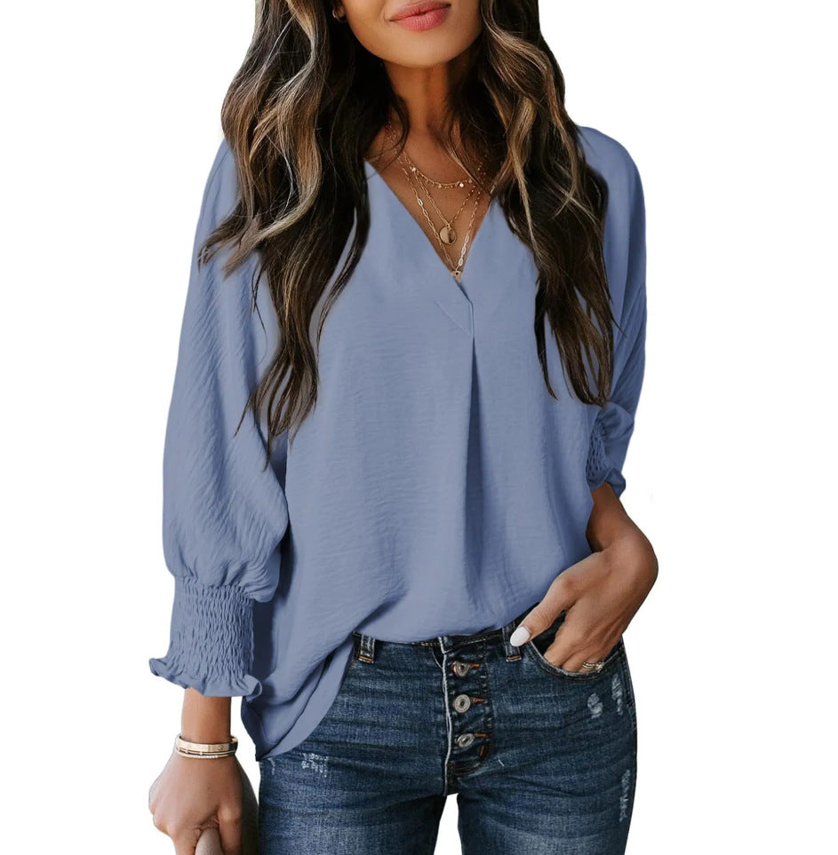 Split V Neck Smocked Cuff Shirt - Light_Blue