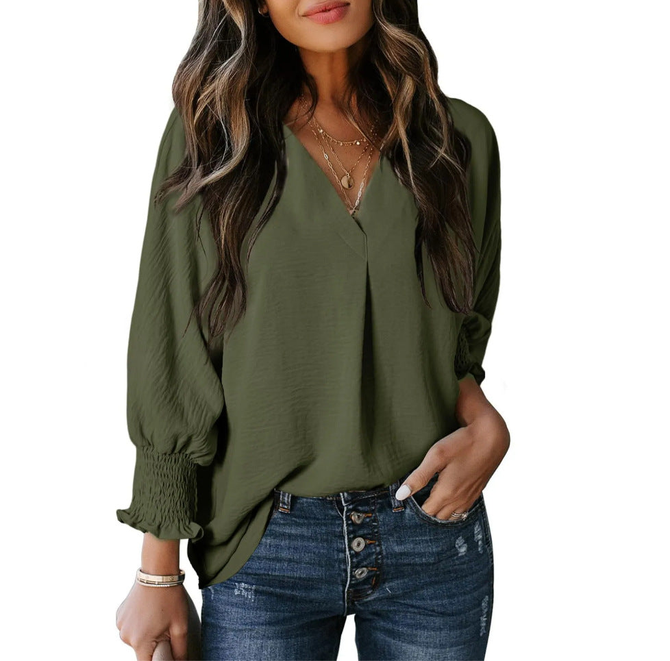 Split V Neck Smocked Cuff Shirt - Military_Green