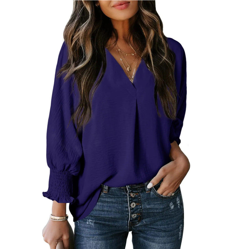 Split V Neck Smocked Cuff Shirt - Navy_Blue