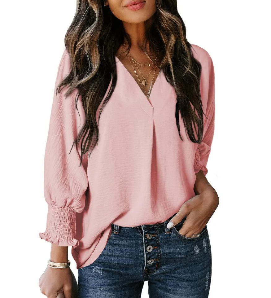 Split V Neck Smocked Cuff Shirt - Pink