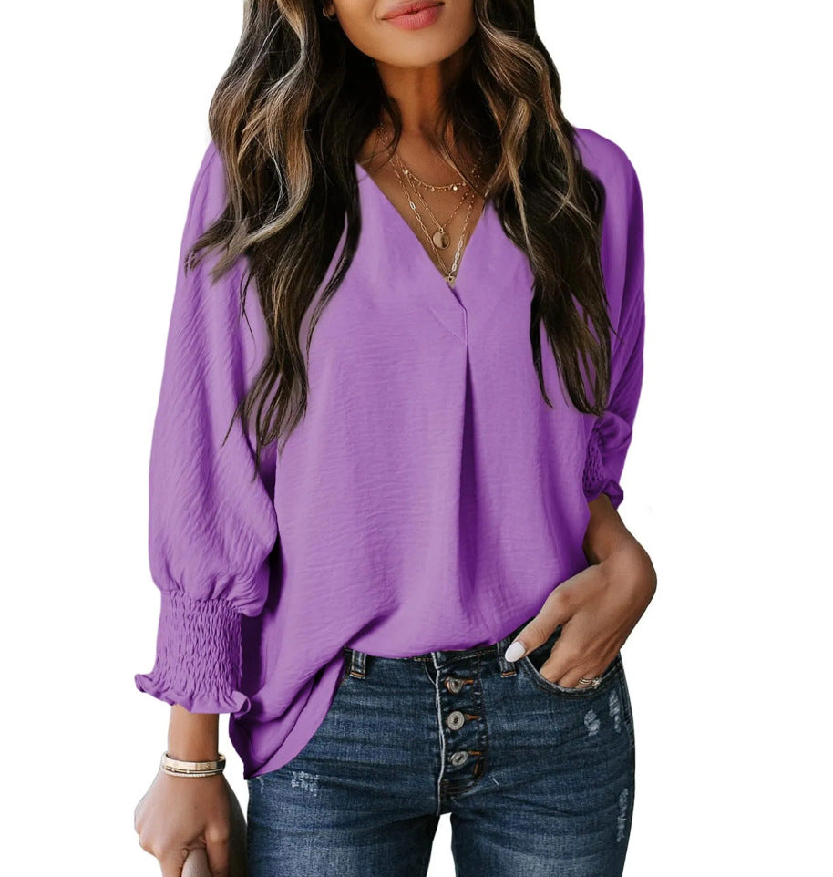 Split V Neck Smocked Cuff Shirt - Purple