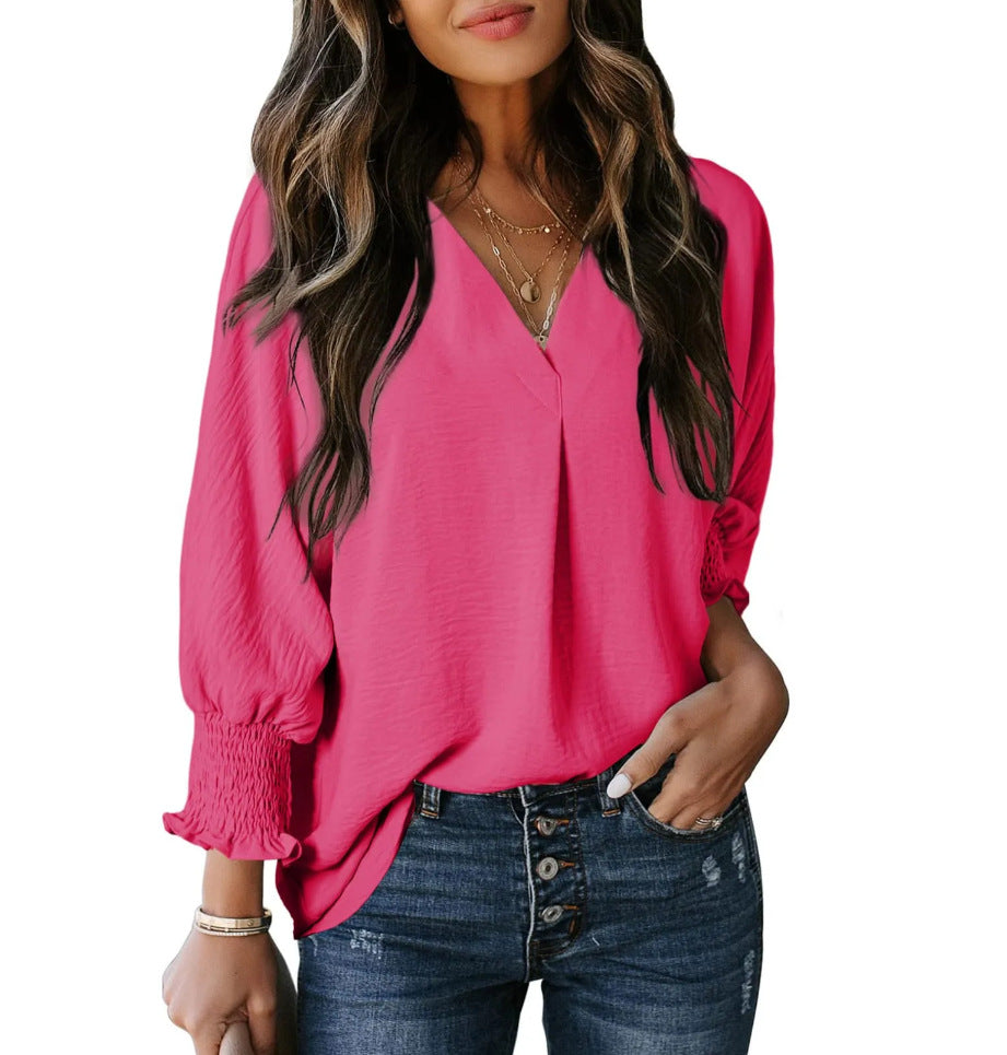 Split V Neck Smocked Cuff Shirt - Rose_Red