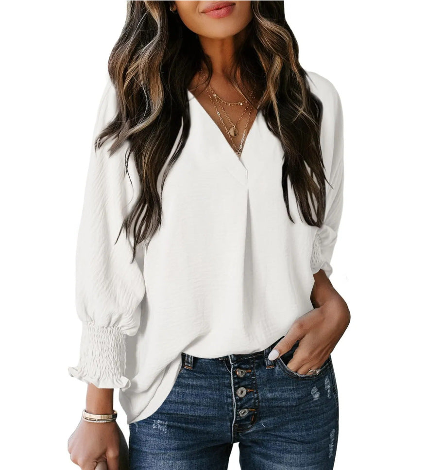 Split V Neck Smocked Cuff Shirt - White
