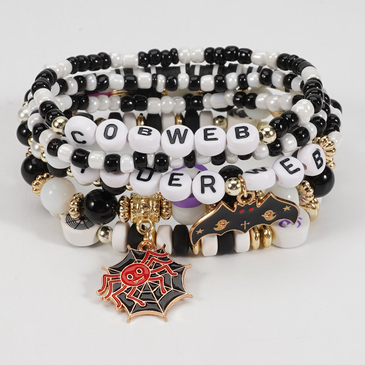Word Bead Bracelet Stack With Enamel Charms - C2