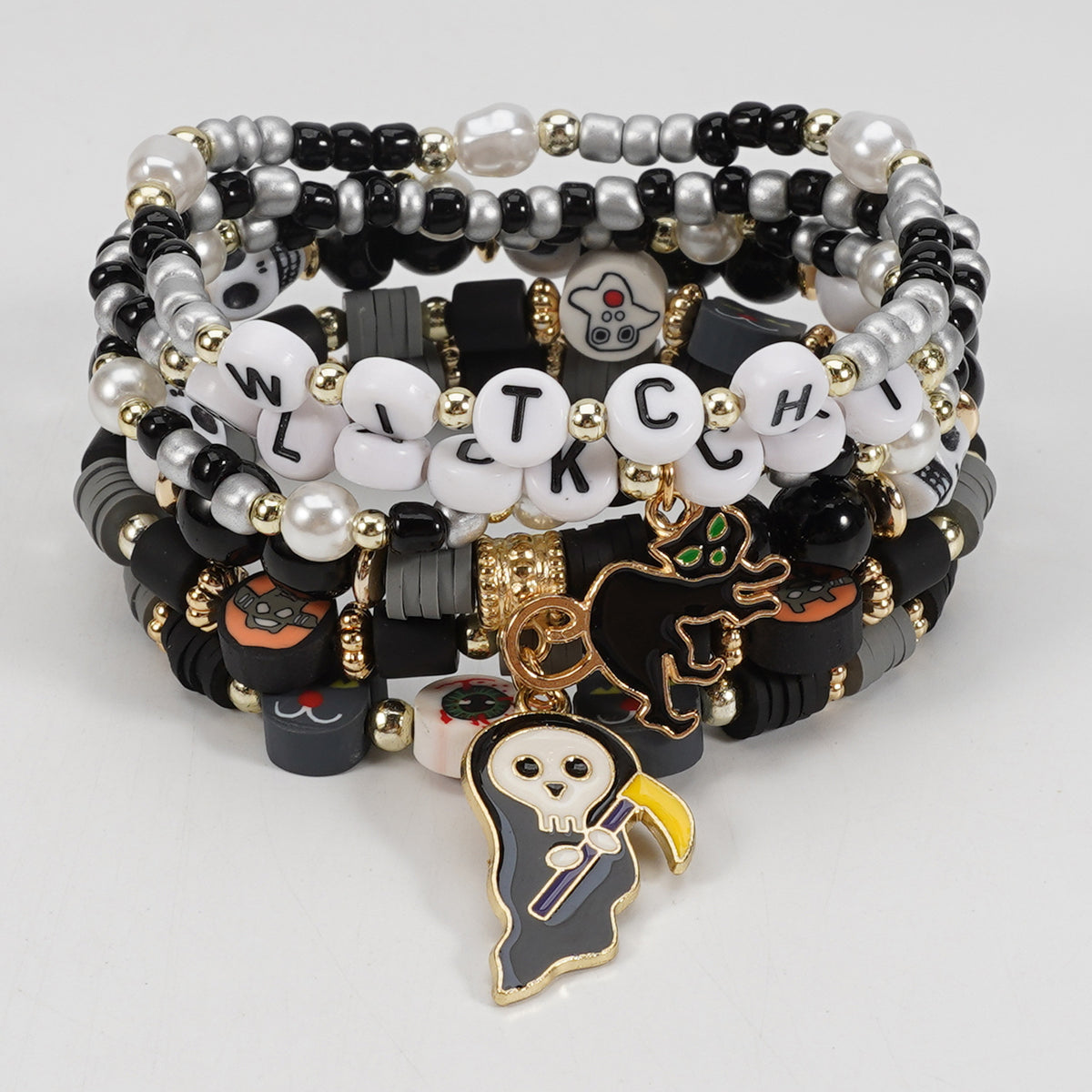 Word Bead Bracelet Stack With Enamel Charms - C3