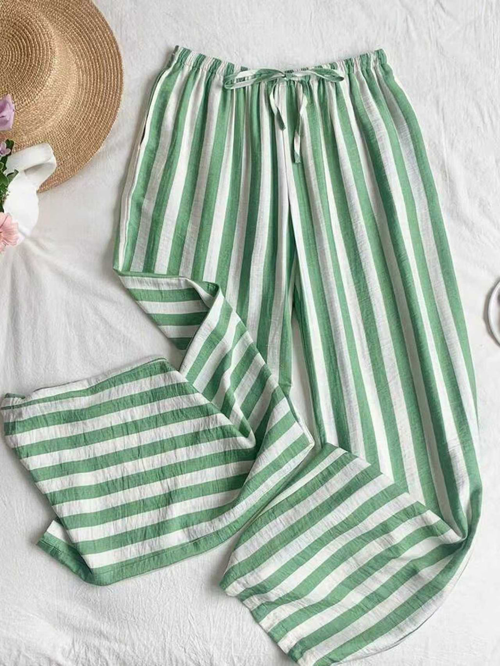 Striped Wide Leg Drawstring Beach Pants - Green