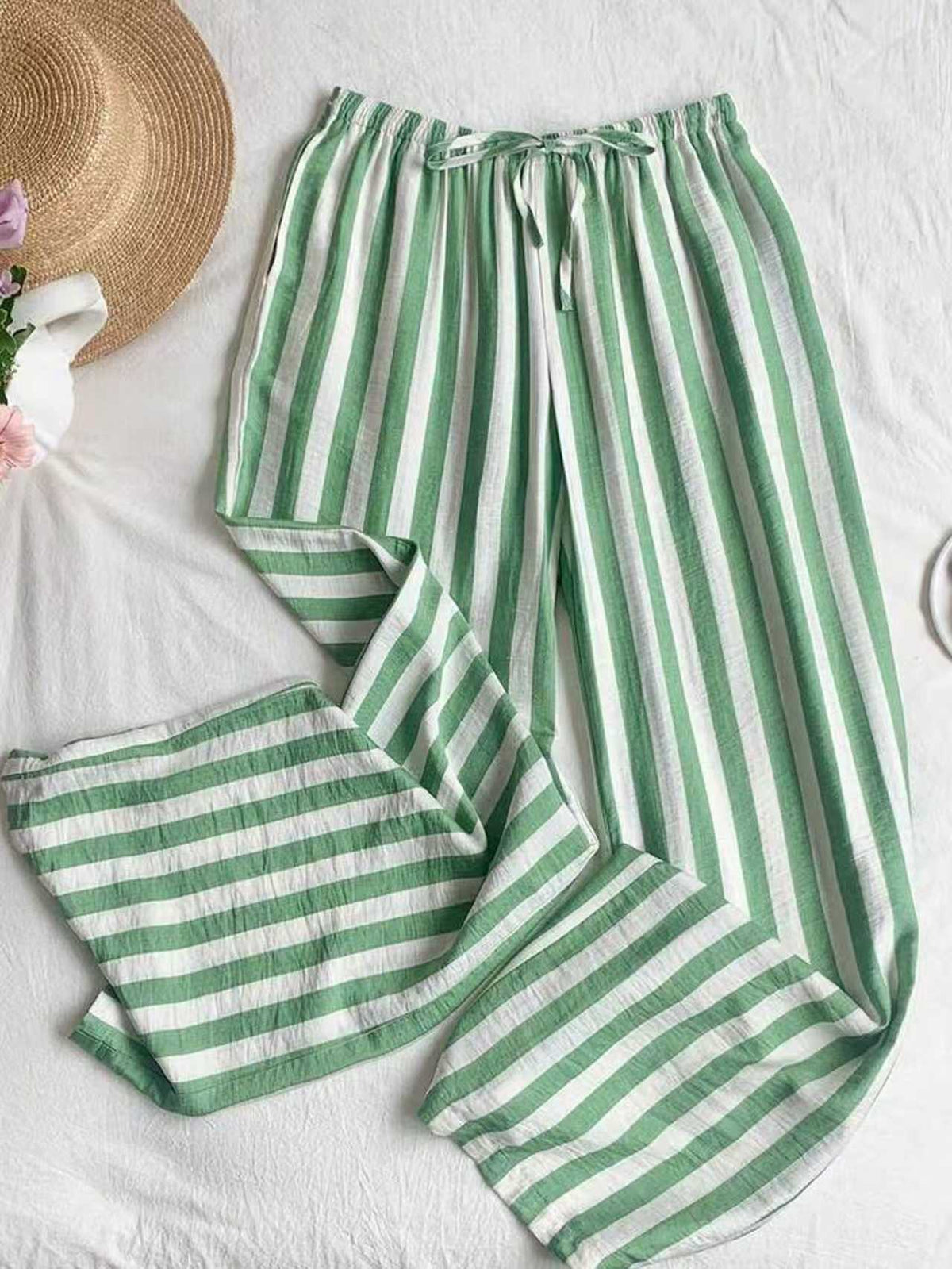 Striped Wide Leg Drawstring Beach Pants - Green