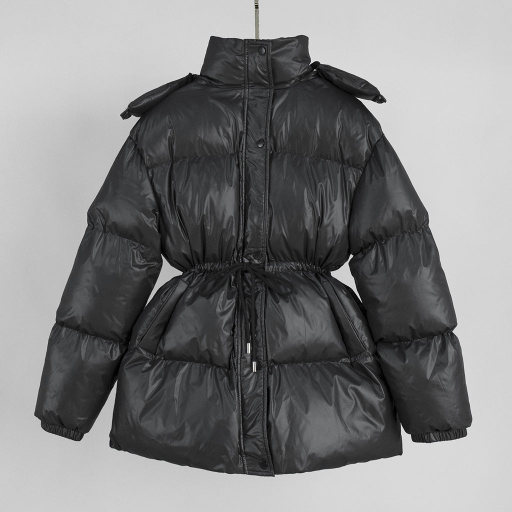 Hooded Drawstring Waist Puffer Jacket - Black