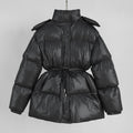 Hooded Drawstring Waist Puffer Jacket - Black