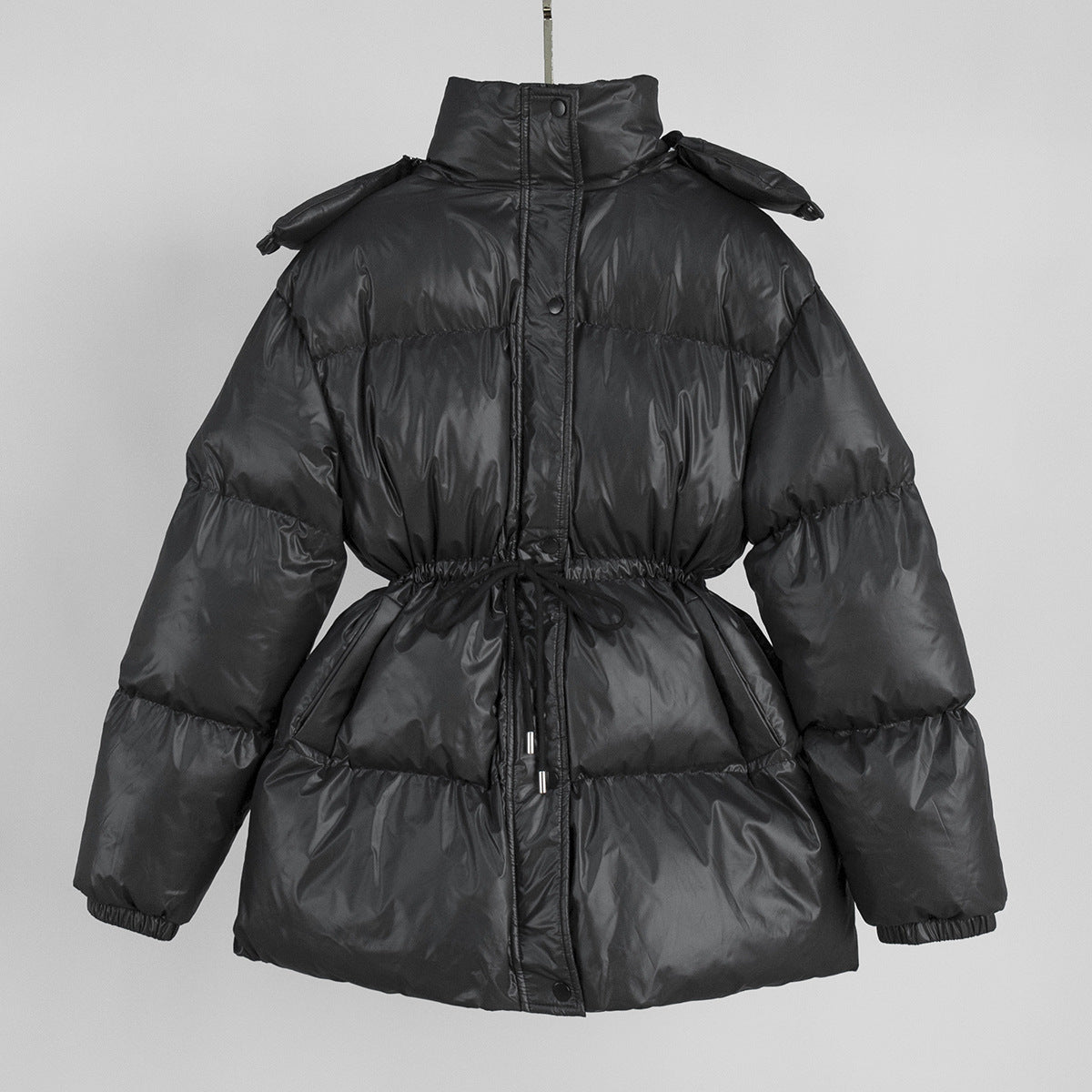 Hooded Drawstring Waist Puffer Jacket - Black