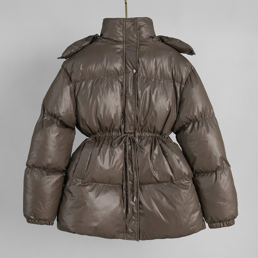 Hooded Drawstring Waist Puffer Jacket - Brown