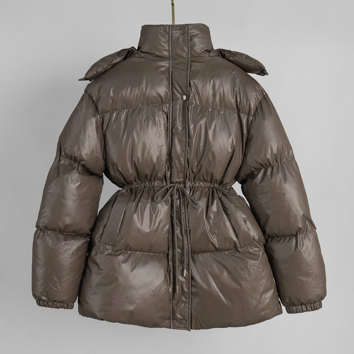 Hooded Drawstring Waist Puffer Jacket - Brown
