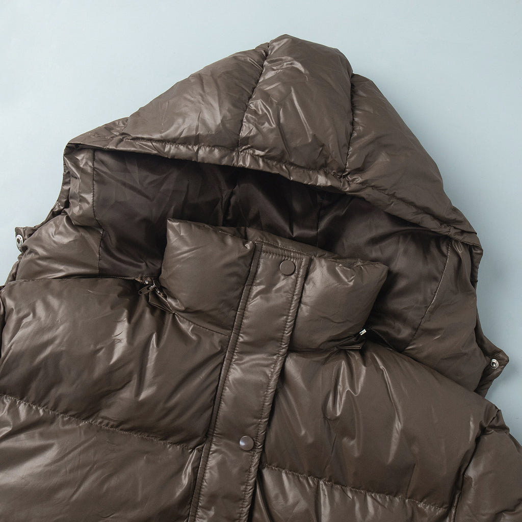 Hooded Drawstring Waist Puffer Jacket - Brown - 1