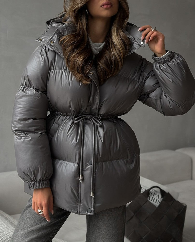 Hooded Drawstring Waist Puffer Jacket - Grey