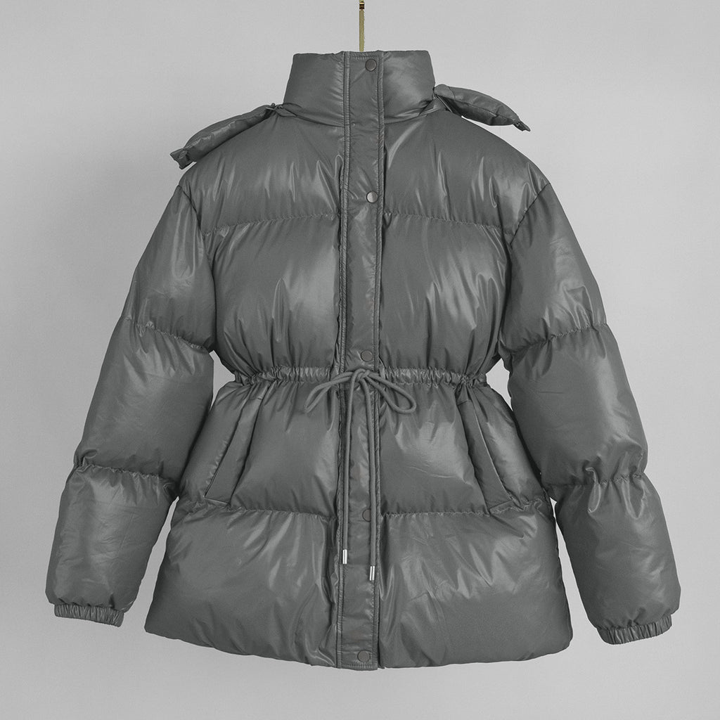 Hooded Drawstring Waist Puffer Jacket - Grey - 1