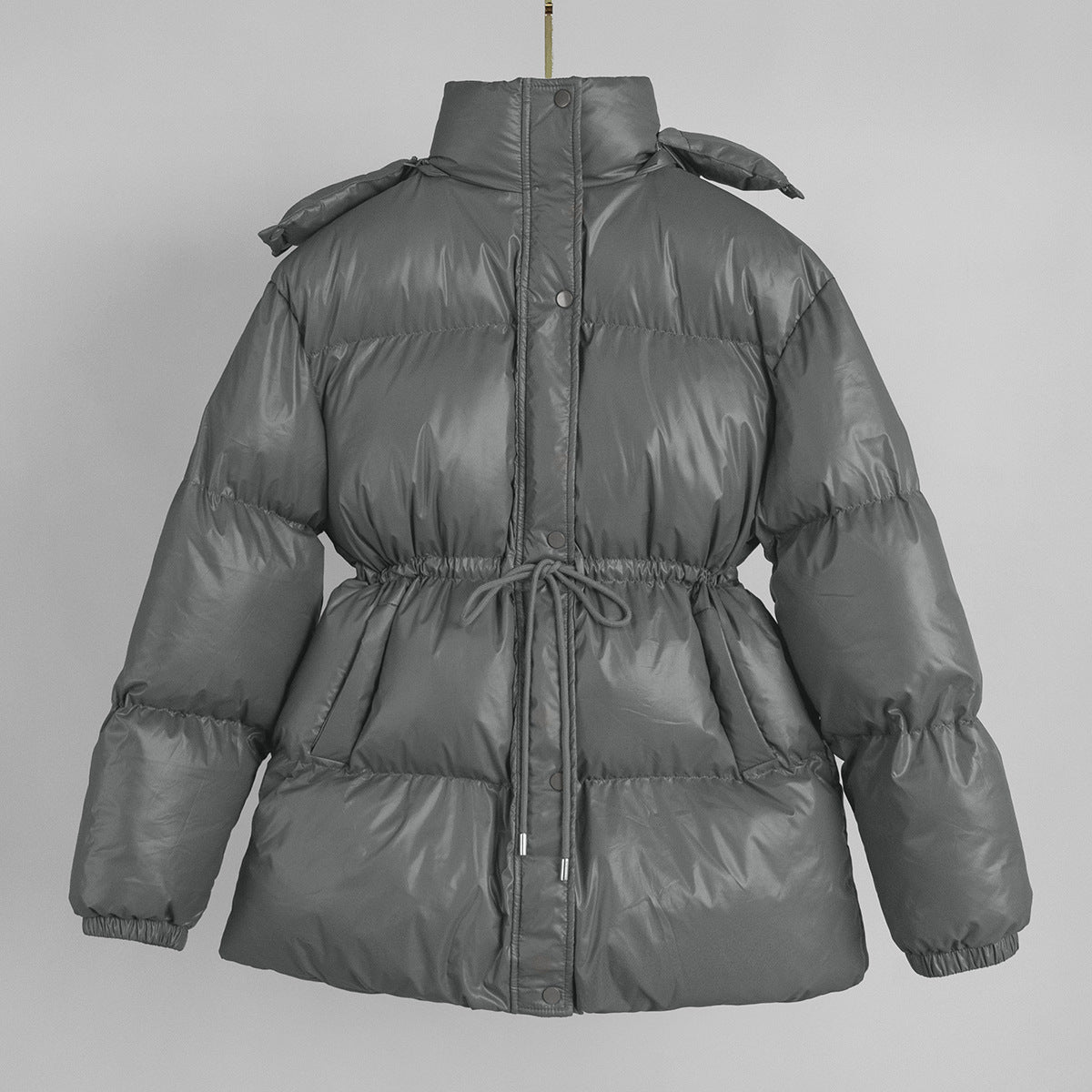Hooded Drawstring Waist Puffer Jacket - Grey - 1