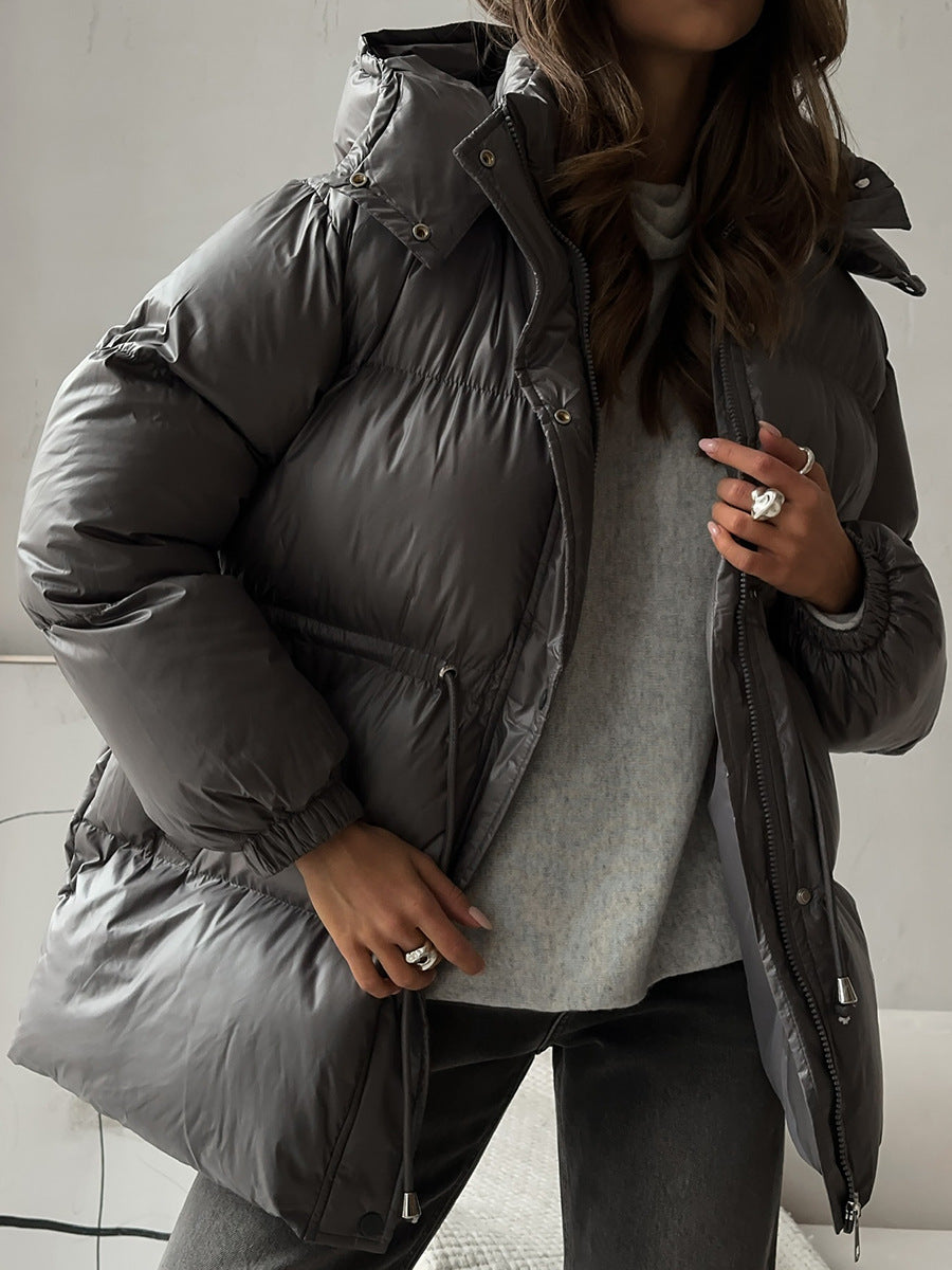 Hooded Drawstring Waist Puffer Jacket - Grey - 2