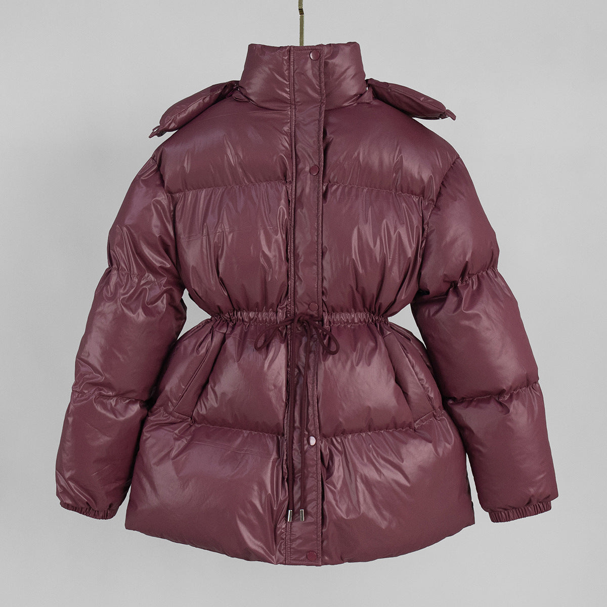 Hooded Drawstring Waist Puffer Jacket - Winered