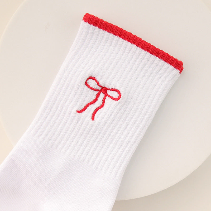Ribbed Crew Socks With Bow Embroidery - Bow - 1