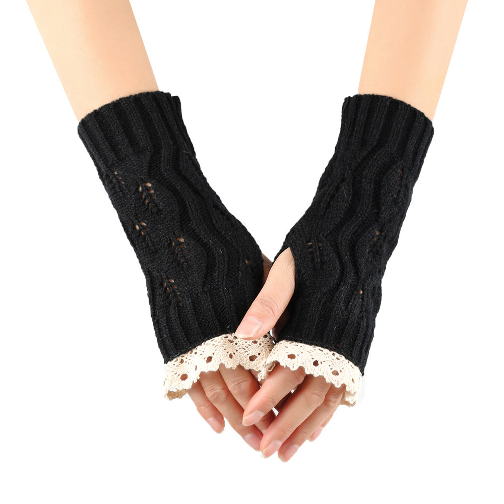 Crochet Lace Trim Fingerless Knit Gloves - Black