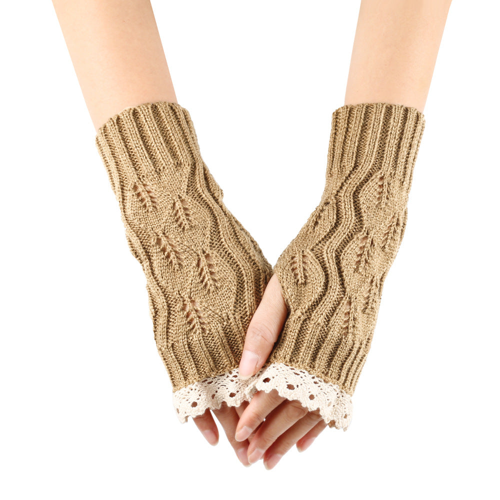 Crochet Lace Trim Fingerless Knit Gloves - Camel